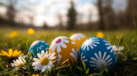 Colorful Easter eggs decorated with flowers nestled in a lush green grass field.