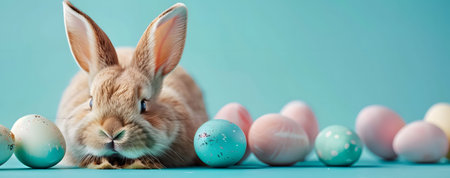 A charming Easter bunny sits amidst pastel-colored eggs. Perfect for spring celebrations!の写真素材