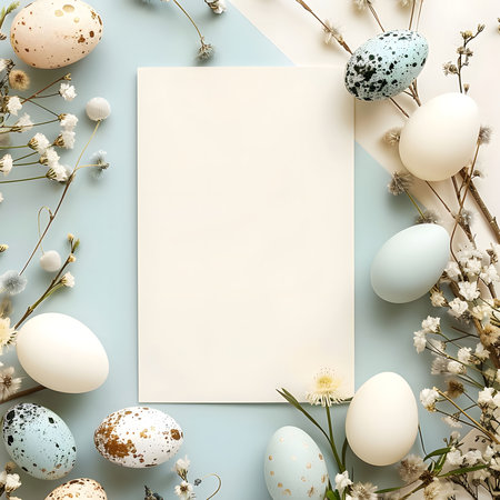 A flatlay image of pastel-colored Easter eggs and delicate flowers surrounding a blank card, perfect for a mockup.の写真素材