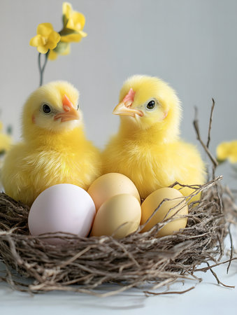 Two fluffy yellow baby chicks nestled in a bird's nest with pastel eggs and yellow flowers. A...