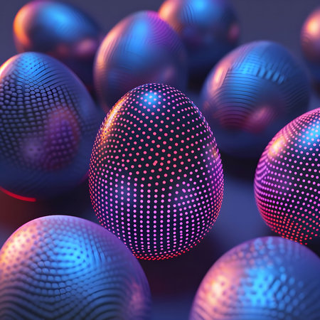 Close-up of vibrant neon Easter eggs with a futuristic design. Perfect for modern holiday imagery.