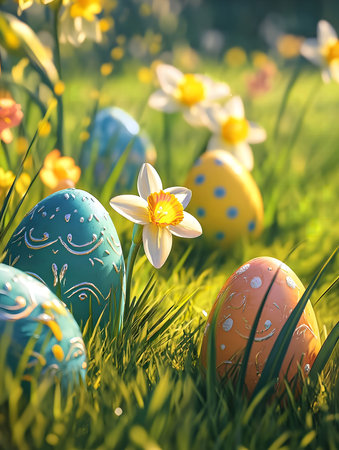 Delightful Easter eggs nestled among vibrant daffodils and lush green grass. A perfect spring scene.