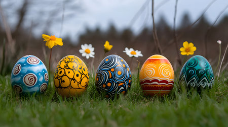 Five beautifully painted Easter eggs rest in a patch of grass, surrounded by wildflowers. A vibrant spring scene.の写真素材