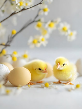 Two fluffy yellow chicks nestled amongst pastel Easter eggs and delicate white daisies. A perfect...