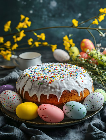 A delightful Easter bread, adorned with colorful sprinkles and surrounded by vibrant eggs and...
