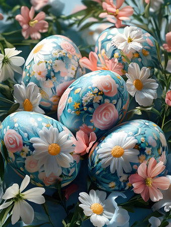 Five beautifully painted Easter eggs, adorned with floral designs, rest amongst vibrant spring...