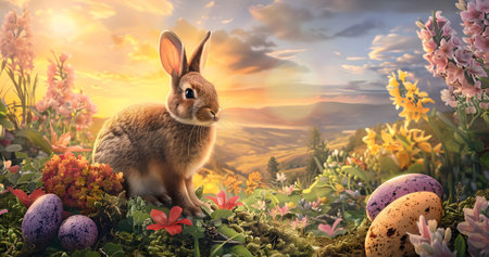 A charming Easter bunny sits amidst vibrant spring flowers at sunrise. A picturesque landscape...