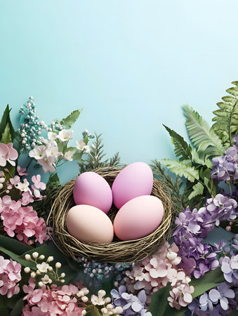 Pastel-colored Easter eggs rest in a bird's nest surrounded by delicate spring flowers. A beautiful scene.の写真素材