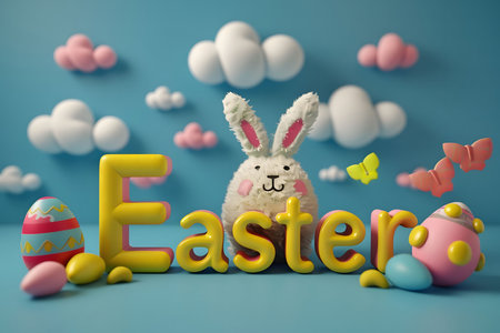A cute fluffy bunny celebrates Easter surrounded by pastel-colored eggs and clouds. The word 'Easter' is spelled out in cheerful yellow letters.の写真素材