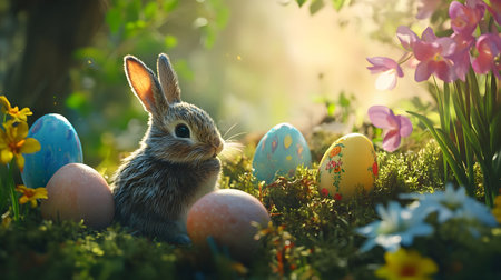 A charming Easter bunny nestled amongst vibrant eggs and spring flowers. Perfect for Easter cards or...