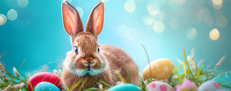A charming brown bunny sits amidst colorful Easter eggs and lush green grass, embodying the spirit...