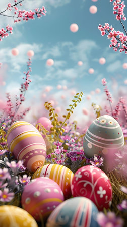 Vibrant Easter eggs rest in a field of blossoming flowers, a cheerful scene of spring's arrival.