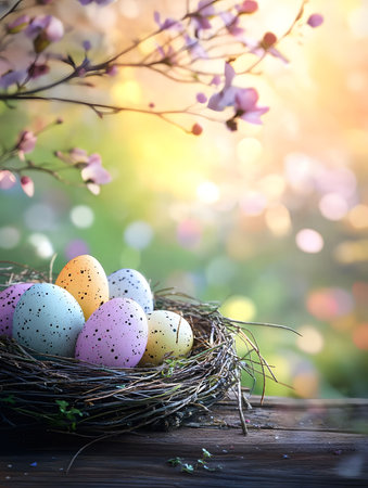 Pastel Easter eggs nestled in a bird's nest, springtime blooms softly illuminate the scene.の写真素材