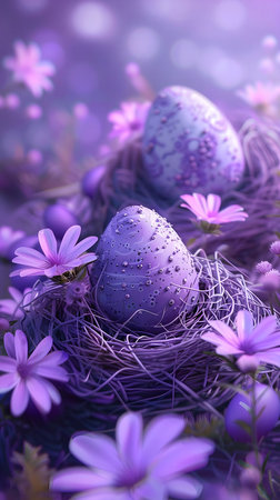 Purple Easter eggs in a nest surrounded by delicate lavender flowers. A serene and peaceful image.