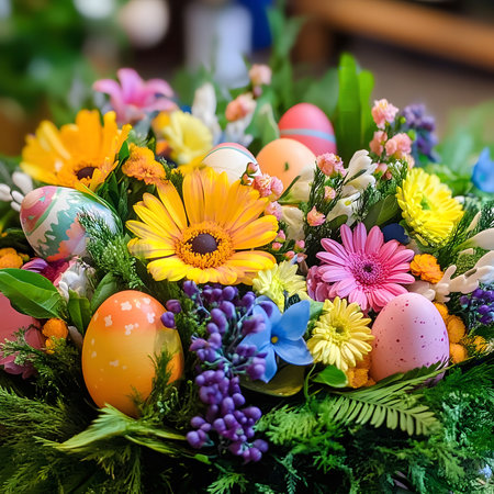 A stunning Easter flower arrangement featuring colorful eggs nestled amongst vibrant gerbera daisies, daisies, and other spring blooms.の写真素材