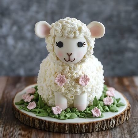 A charming lamb-shaped cake, decorated with buttercream roses and fondant details. Perfect for a springtime celebration!の写真素材