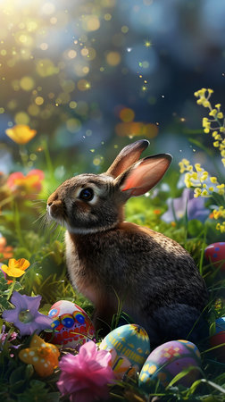 A charming Easter bunny sits surrounded by colorful eggs and vibrant spring flowers. A heartwarming...