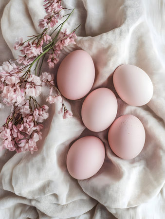 Five pastel pink eggs rest gently on a soft linen fabric, accompanied by delicate pink blossoms. A spring-like scene.の写真素材