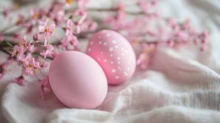 Two pastel pink Easter eggs adorned with delicate white dots, nestled amongst a spring blossom branch on soft white fabric.の写真素材