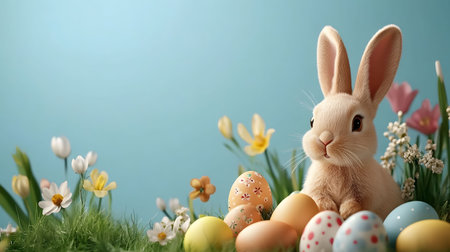 A charming Easter bunny surrounded by vibrant eggs and delicate spring flowers. A perfect image for...