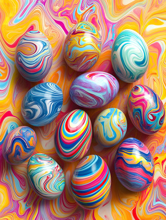 A vibrant collection of Easter eggs with swirling painted designs on a multicolored background.の写真素材