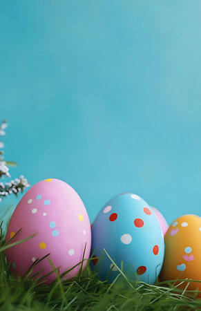 Three beautiful Easter eggs in vibrant colors rest in green grass. A perfect image for spring...
