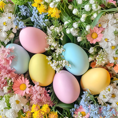 Pastel-colored Easter eggs surrounded by a vibrant spring flower arrangement. A cheerful and festive...