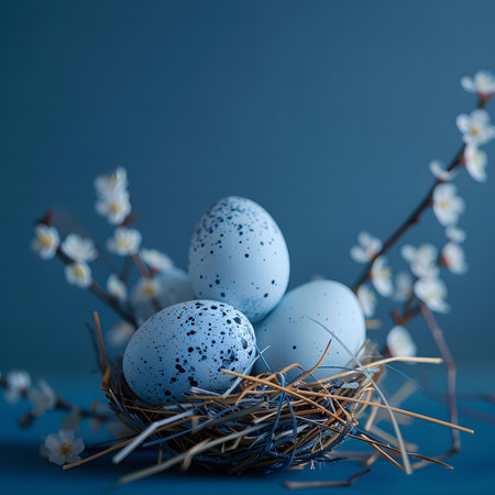 Blue speckled Easter eggs in a bird's nest, surrounded by delicate white blossoms. A serene and...