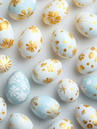 Close-up view of many beautifully decorated Easter eggs in pastel blue and gold hues. They feature intricate floral patterns.の写真素材