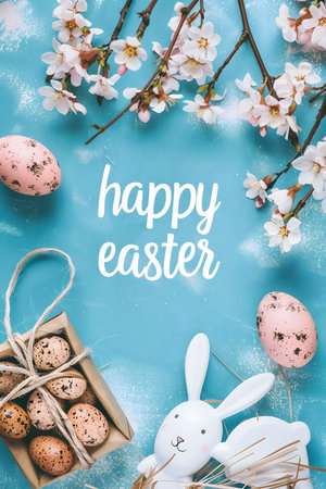 A cheerful Easter image featuring pastel eggs, a cute bunny, and delicate spring blossoms on a...
