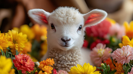 A charming lamb nestled in a bed of colorful spring flowers. Pure innocence and springtime joy!の写真素材