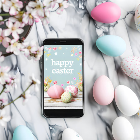 A flat lay showcasing a phone with an Easter message, surrounded by pastel eggs and flowers. A cheerful springtime sceneの写真素材