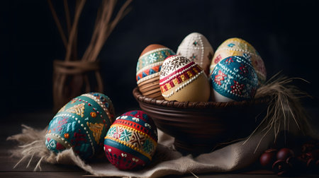 Beautifully painted Easter eggs displayed in a rustic wooden bowl. A captivating image of springtime tradition.の写真素材