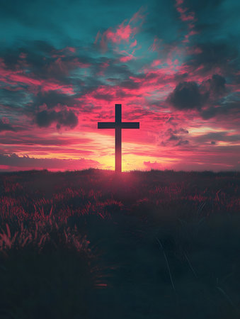 Silhouette of a cross at sunset, conveying peace and spirituality. Beautiful colors in the sky.の写真素材