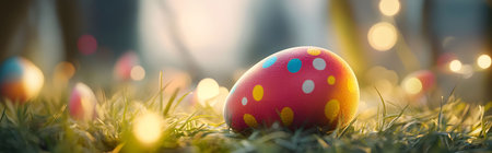 A single pink Easter egg with colorful dots rests gently in the grass. Soft lighting creates a magical springtime atmosphere.の写真素材