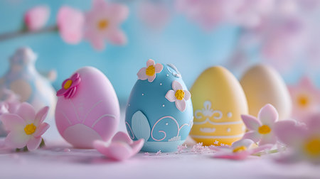 Three pastel-colored Easter eggs adorned with delicate flowers, creating a festive and joyful spring atmosphere.の写真素材