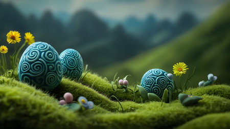 Three intricately designed eggs rest on a bed of vibrant moss, nestled within a breathtaking valley. And serena scene.の写真素材