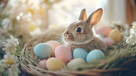 A fluffy bunny rests in a woven basket filled with pastel Easter eggs and spring flowers. This image is perfect for Easter cards or spring decorations.の写真素材