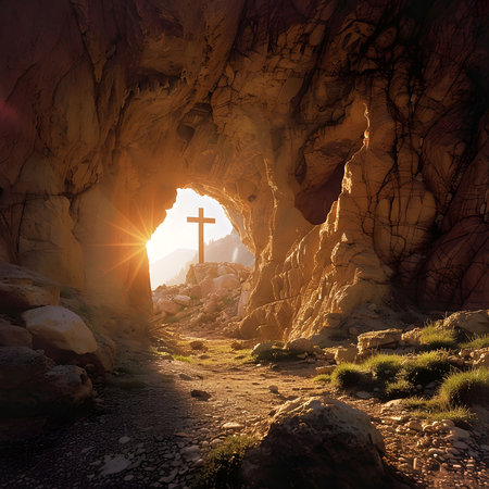 A wooden cross stands silhouetted against a sunrise, seen from inside a rocky cave. A path leads towards it.の写真素材