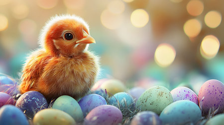 A charming baby chick nestled amongst pastel Easter eggs. A perfect spring image!