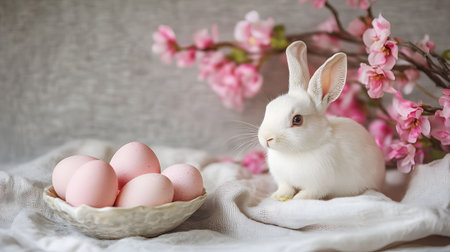 A fluffy white bunny sits near pink Easter eggs and delicate cherry blossoms. Perfect for Easter...