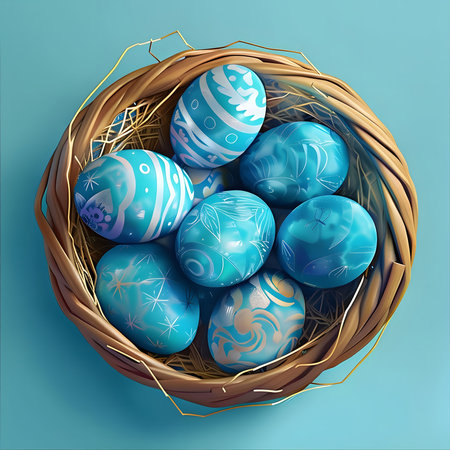A delightful image showcasing vibrant pastel blue Easter eggs nestled in a rustic bird's nest.の写真素材