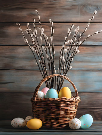 A rustic wicker basket filled with pastel colored Easter eggs and delicate willow branches against a wooden backdrop.の写真素材