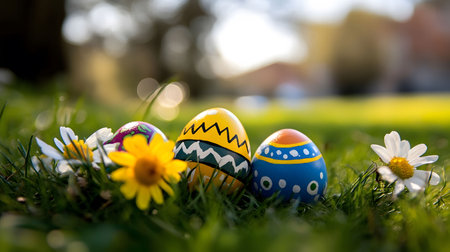 Three vibrant Easter eggs nestled in a spring meadow, surrounded by daisies. A symbol of renewal and...