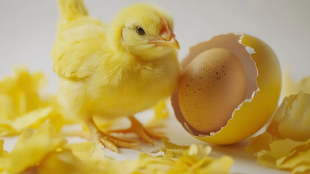 A fluffy yellow chick beside its broken eggshell. A symbol of new life and spring.の写真素材