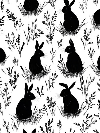 Stylish black and white seamless pattern with rabbits and grass. Perfect for fabric, wallpaper, and more.の写真素材