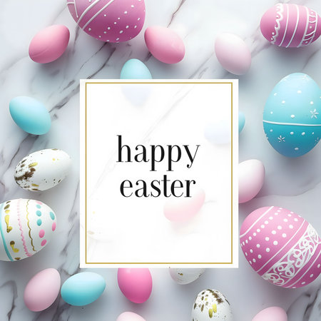 Pastel colored eggs on marble background. Happy Easter!