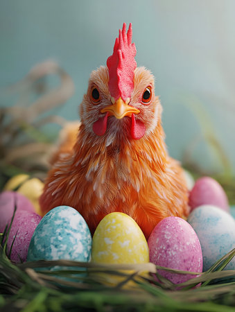 A fluffy orange hen sits amidst a nest of colorful Easter eggs.の写真素材