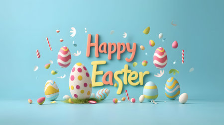 A cheerful Easter greeting featuring colorful 3D eggs and the words "Happy Easter".の写真素材