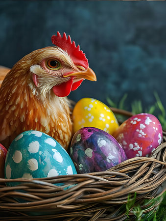 A hen sitting with a basket of colorful Easter eggs. It is a festive and heartwarming scene.の写真素材